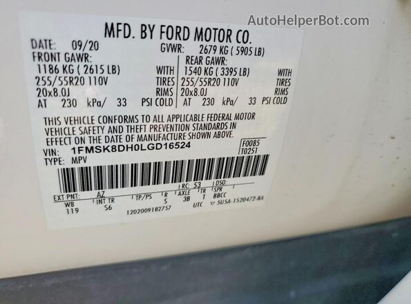 1FMSK8DH0LGD16524 2020 FORD EXPLORER White 