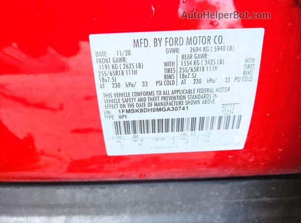 1FMSK8DH0MGA30741 2021 FORD EXPLORER Red VIN կոդի պիտակի տեսք