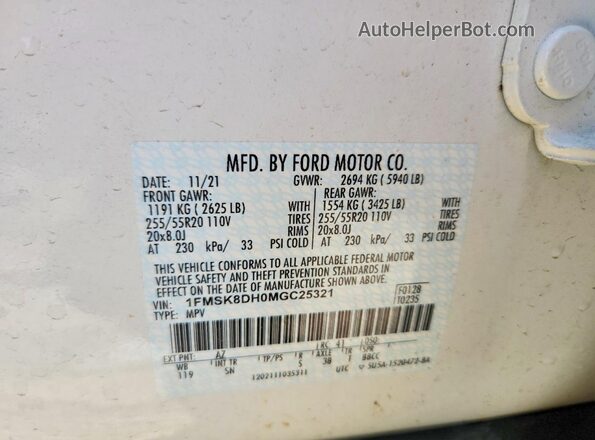 1FMSK8DH0MGC25321 2021 FORD EXPLORER White 