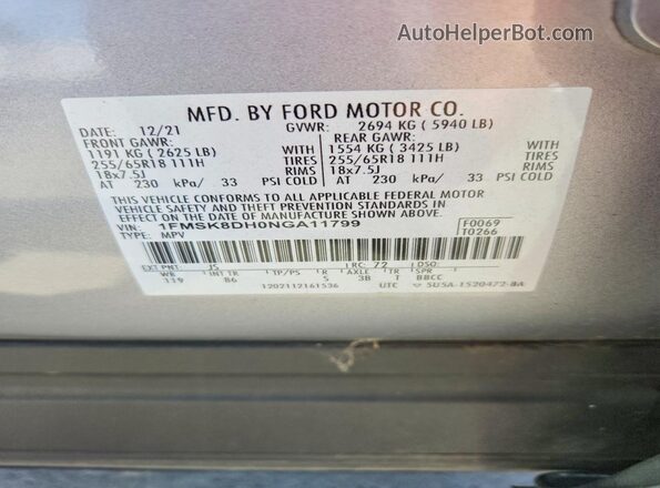 1FMSK8DH0NGA11799 2022 FORD EXPLORER Silver 