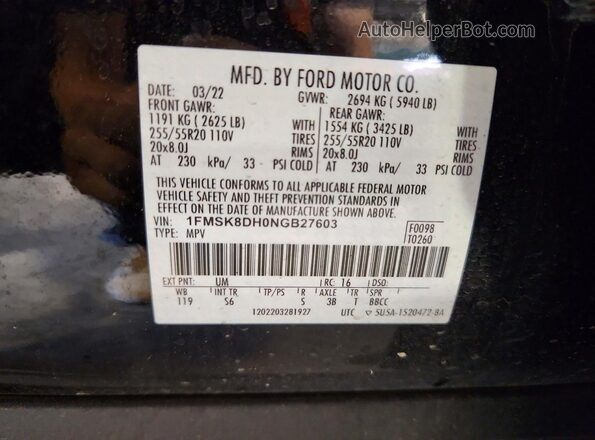 1FMSK8DH0NGB27603 2022 FORD EXPLORER Black Vista interior de 360 grados