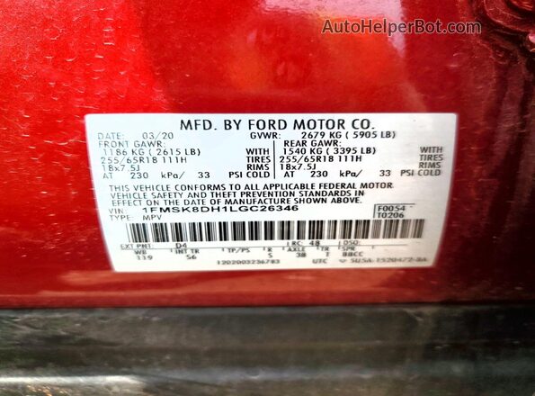 1FMSK8DH1LGC26346 2020 FORD EXPLORER Red 