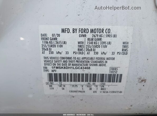 1FMSK8DH1LGC43468 2020 FORD EXPLORER White Շարժիչի բաժամունքի տեսք