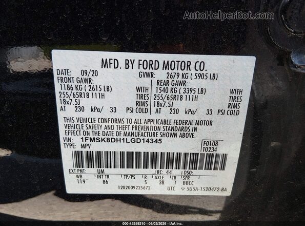 1FMSK8DH1LGD14345 2020 FORD EXPLORER Black Вид підкапотного простору
