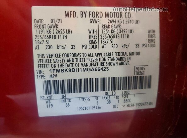 1FMSK8DH1MGA66423 2021 FORD EXPLORER Red 
