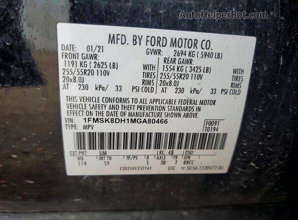 1FMSK8DH1MGA80466 2021 FORD EXPLORER Black Vista de la etiqueta del VIN