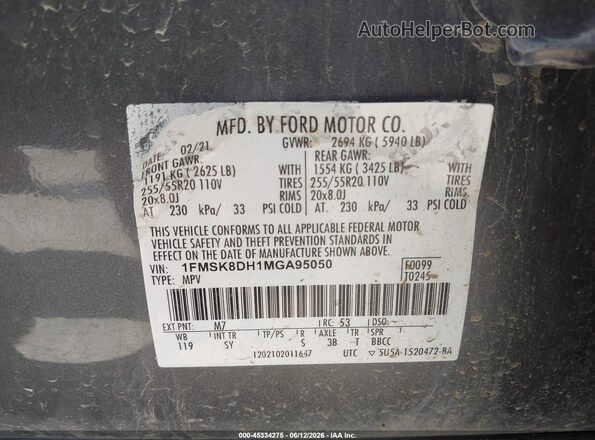 1FMSK8DH1MGA95050 2021 FORD EXPLORER Gray Vista del compartimento del motor