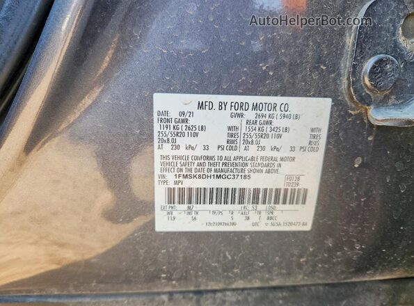 1FMSK8DH1MGC37185 2021 FORD EXPLORER Gray VIN կոդի պիտակի տեսք