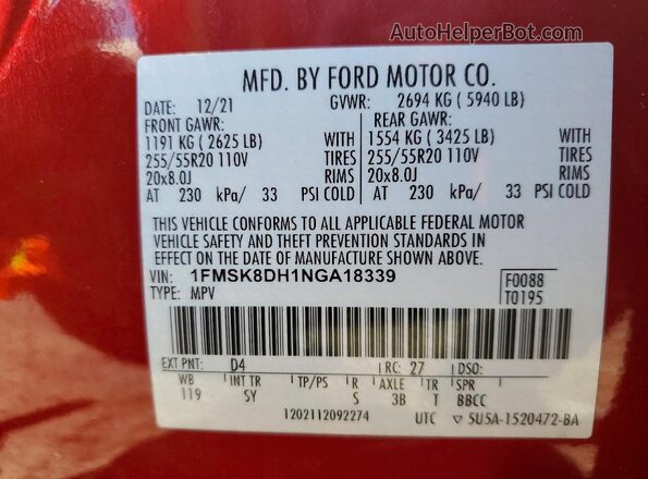 1FMSK8DH1NGA18339 2022 FORD EXPLORER Red Սալոնի 360 աստիճան տեսք
