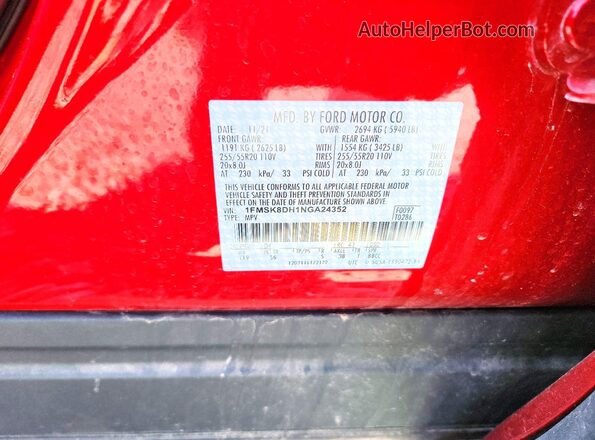 1FMSK8DH1NGA24352 2022 FORD EXPLORER Red Vista de la etiqueta del VIN