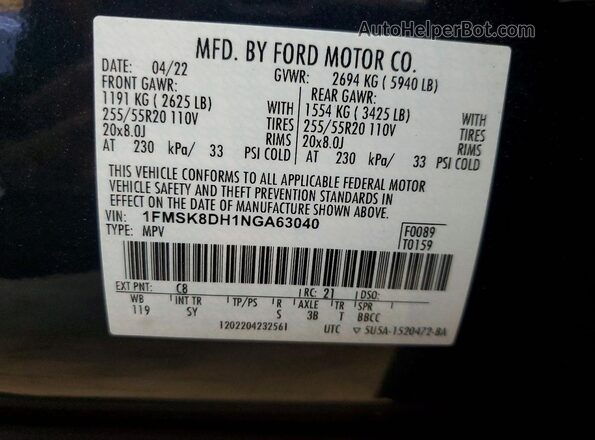 1FMSK8DH1NGA63040 2022 FORD EXPLORER Черный Вид наклейки с VIN-кодом