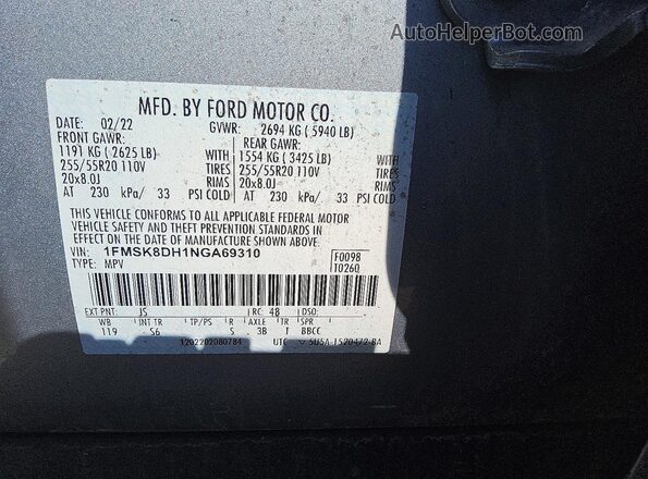 1FMSK8DH1NGA69310 2022 FORD EXPLORER Silver VIN sticker view