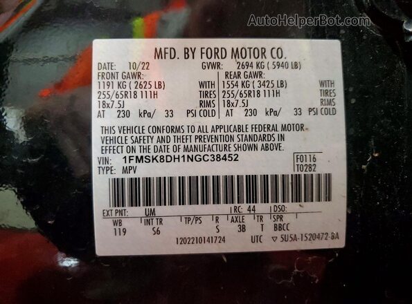 1FMSK8DH1NGC38452 2022 FORD EXPLORER Black Вид наклейки з VIN-кодом