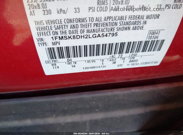 1FMSK8DH2LGA54795 2020 FORD EXPLORER Красный Вид подкапотного пространства