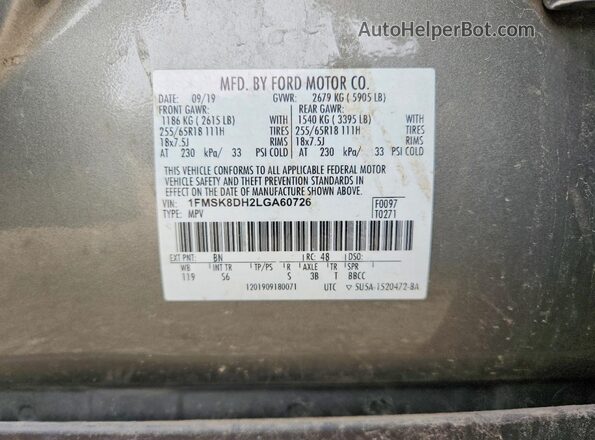 1FMSK8DH2LGA60726 2020 FORD EXPLORER Green Սալոնի 360 աստիճան տեսք