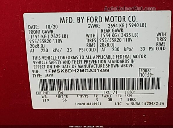 1FMSK8DH2MGA31499 2021 FORD EXPLORER Red Вид підкапотного простору