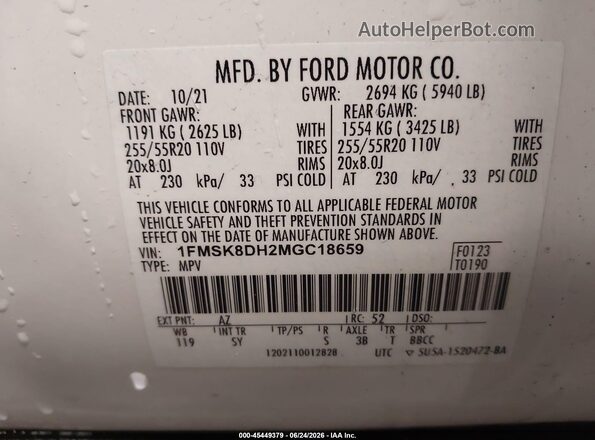 1FMSK8DH2MGC18659 2021 FORD EXPLORER White Widok komory silnika