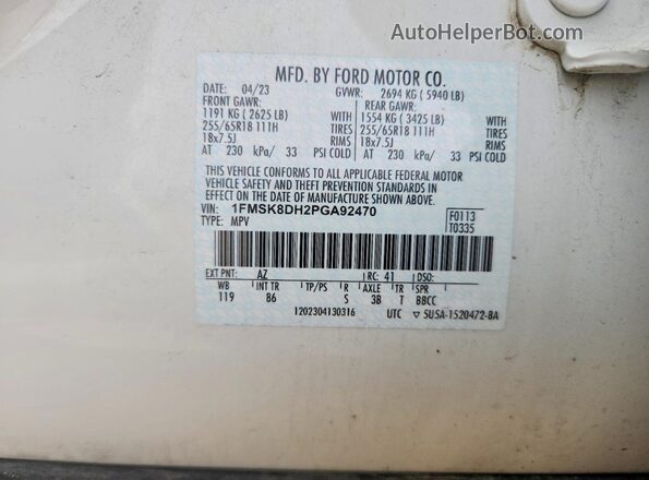 1FMSK8DH2PGA92470 2023 FORD EXPLORER White Вид наклейки з VIN-кодом