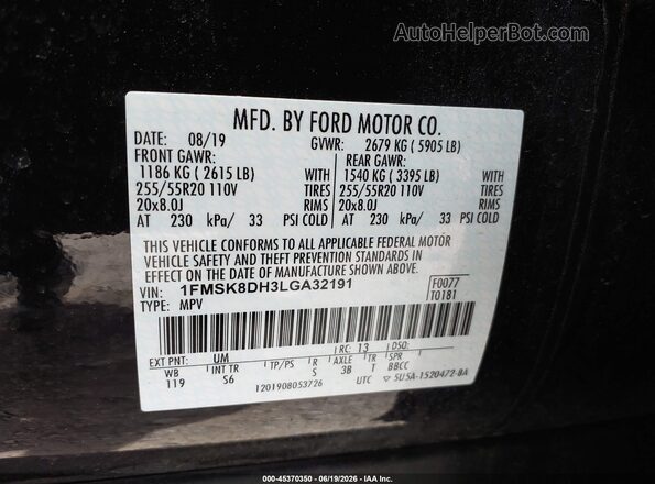 1FMSK8DH3LGA32191 2020 FORD EXPLORER Черный Вид подкапотного пространства