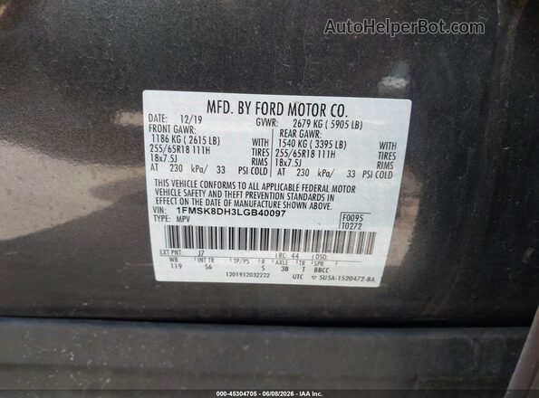 1FMSK8DH3LGB40097 2020 FORD EXPLORER Gray ძრავის განყოფილების ხედი