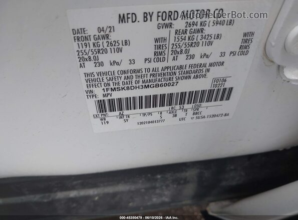 1FMSK8DH3MGB60027 2021 FORD EXPLORER White Vista del compartimento del motor