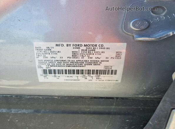 1FMSK8DH3MGB95697 2021 FORD EXPLORER Silver VIN კოდის სტიკერის ხედი
