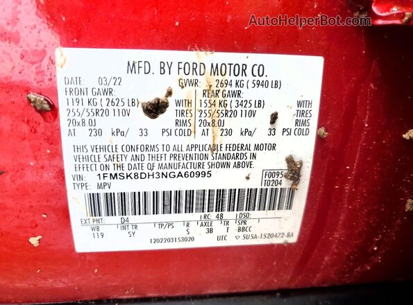 1FMSK8DH3NGA60995 2022 FORD EXPLORER Red 