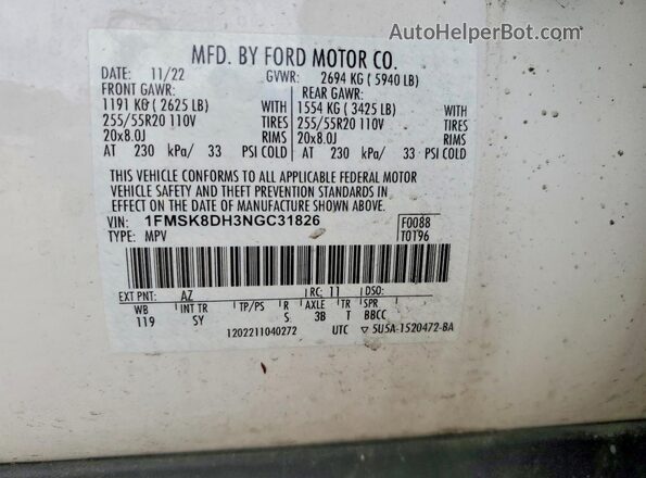1FMSK8DH3NGC31826 2022 FORD EXPLORER Белый Вид наклейки с VIN-кодом