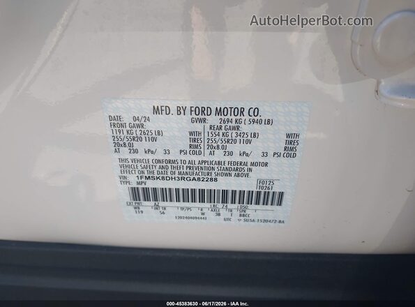 1FMSK8DH3RGA82288 2024 FORD EXPLORER White ძრავის განყოფილების ხედი