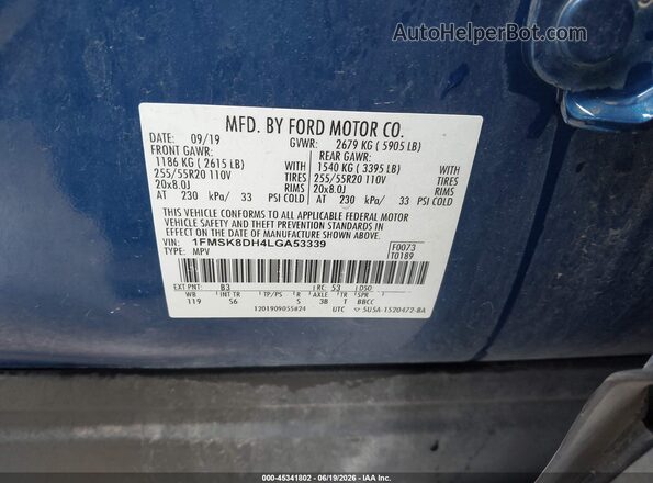 1FMSK8DH4LGA53339 2020 FORD EXPLORER Blue Շարժիչի բաժամունքի տեսք