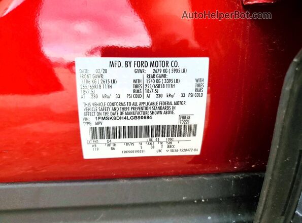 1FMSK8DH4LGB90684 2020 FORD EXPLORER Burgundy Вид наклейки з VIN-кодом