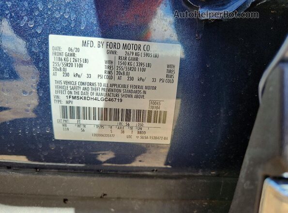 1FMSK8DH4LGC46719 2020 FORD EXPLORER Blue სალონის 360-გრადუსიანი ხედი
