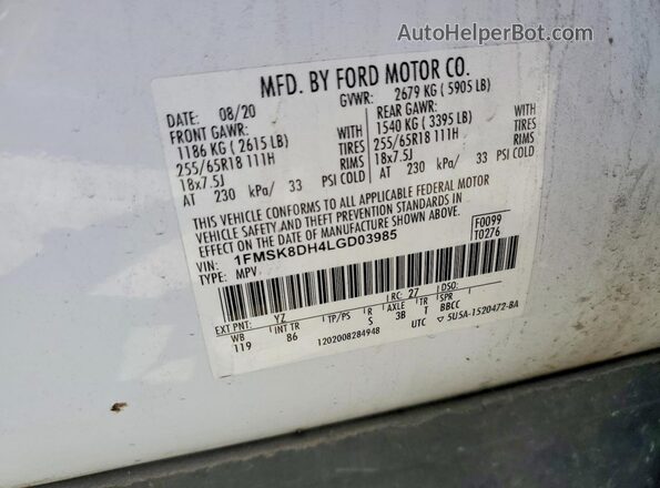 1FMSK8DH4LGD03985 2020 FORD EXPLORER White Widok naklejki z numerem VIN