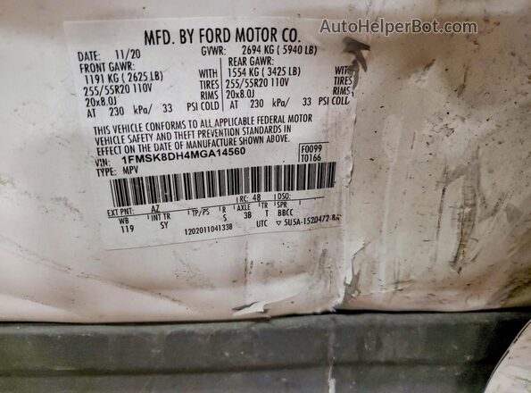 1FMSK8DH4MGA14560 2021 FORD EXPLORER White VIN կոդի պիտակի տեսք