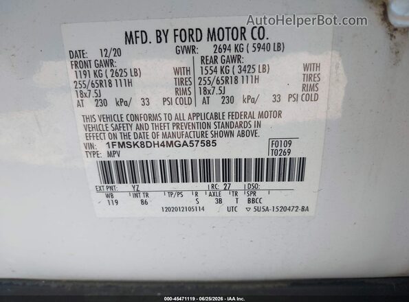 1FMSK8DH4MGA57585 2021 FORD EXPLORER White Widok komory silnika