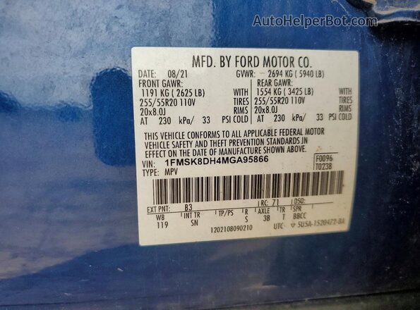 1FMSK8DH4MGA95866 2021 FORD EXPLORER Blue VIN sticker view