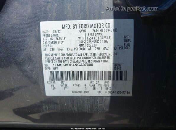 1FMSK8DH4NGA97800 2022 FORD EXPLORER Gray Widok komory silnika