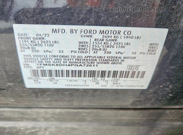 1FMSK8DH4PGA72611 2023 FORD EXPLORER Black Widok naklejki z numerem VIN