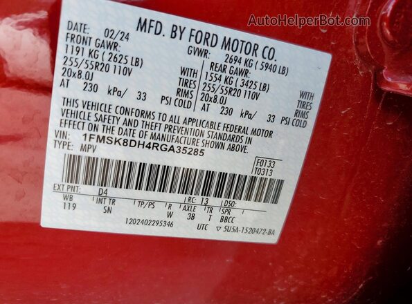 1FMSK8DH4RGA35285 2024 FORD EXPLORER Red Widok naklejki z numerem VIN