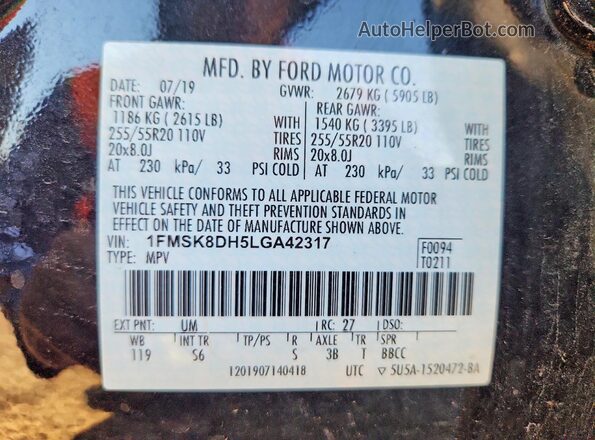 1FMSK8DH5LGA42317 2020 FORD EXPLORER Black Вид наклейки з VIN-кодом