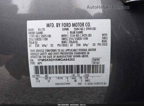 1FMSK8DH5MGA84262 2021 FORD EXPLORER Gray Vista del compartimento del motor