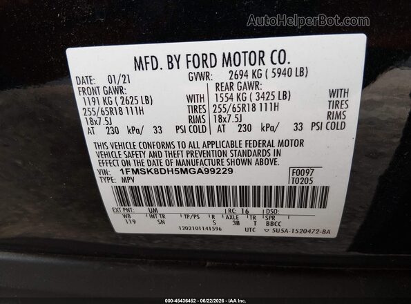 1FMSK8DH5MGA99229 2021 FORD EXPLORER Black Շարժիչի բաժամունքի տեսք