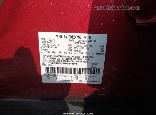 1FMSK8DH5MGB41978 2021 FORD EXPLORER Red Vista del compartimento del motor