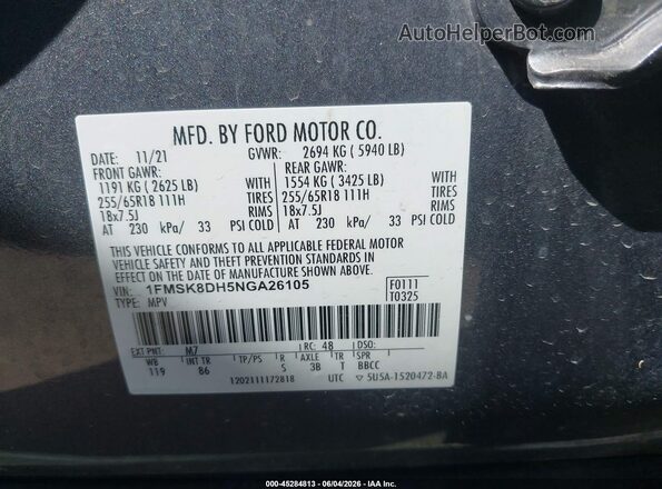 1FMSK8DH5NGA26105 2022 FORD EXPLORER Gray Widok komory silnika