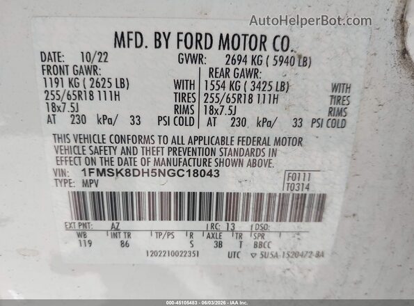 1FMSK8DH5NGC18043 2022 FORD EXPLORER White Вид підкапотного простору