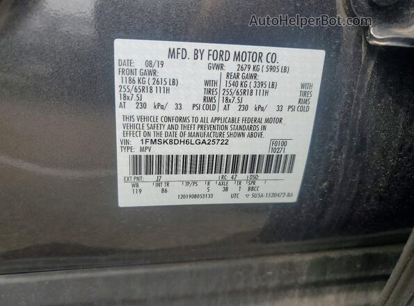 1FMSK8DH6LGA25722 2020 FORD EXPLORER Gray Widok naklejki z numerem VIN