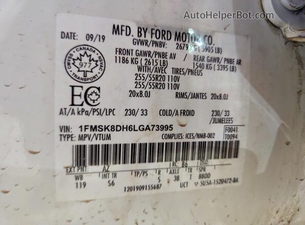 1FMSK8DH6LGA73995 2020 FORD EXPLORER White 
