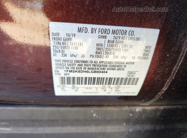 1FMSK8DH6LGB00404 2020 FORD EXPLORER Brown 360 interior view