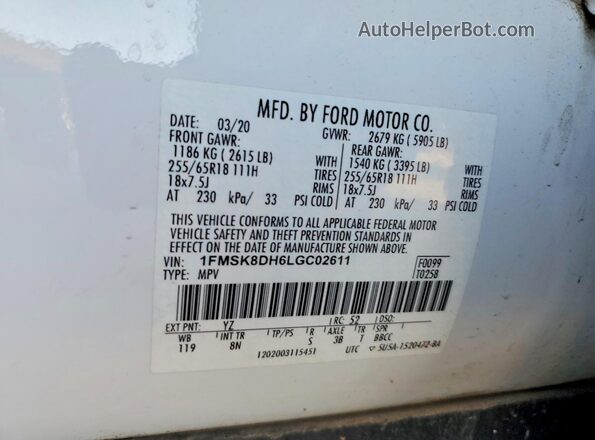 1FMSK8DH6LGC02611 2020 FORD EXPLORER White VIN კოდის სტიკერის ხედი