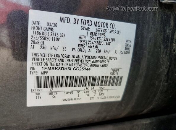 1FMSK8DH6LGC25144 2020 FORD EXPLORER Gray VIN կոդի պիտակի տեսք
